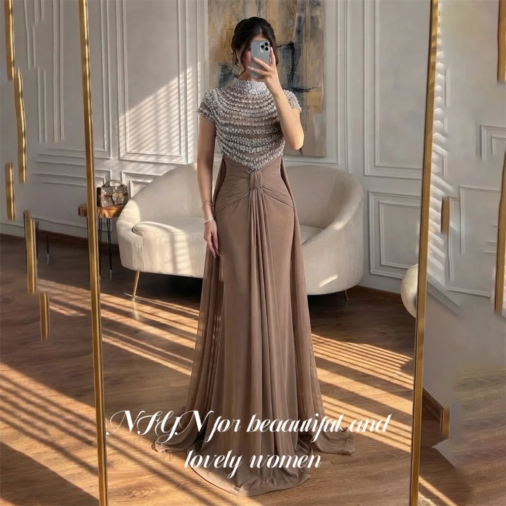 NFYN Brown Prom Dresses High Neck Evening Dress Short Sleeve Party Dress Beading On Chest vestidos de fiesta Mermaid Customized