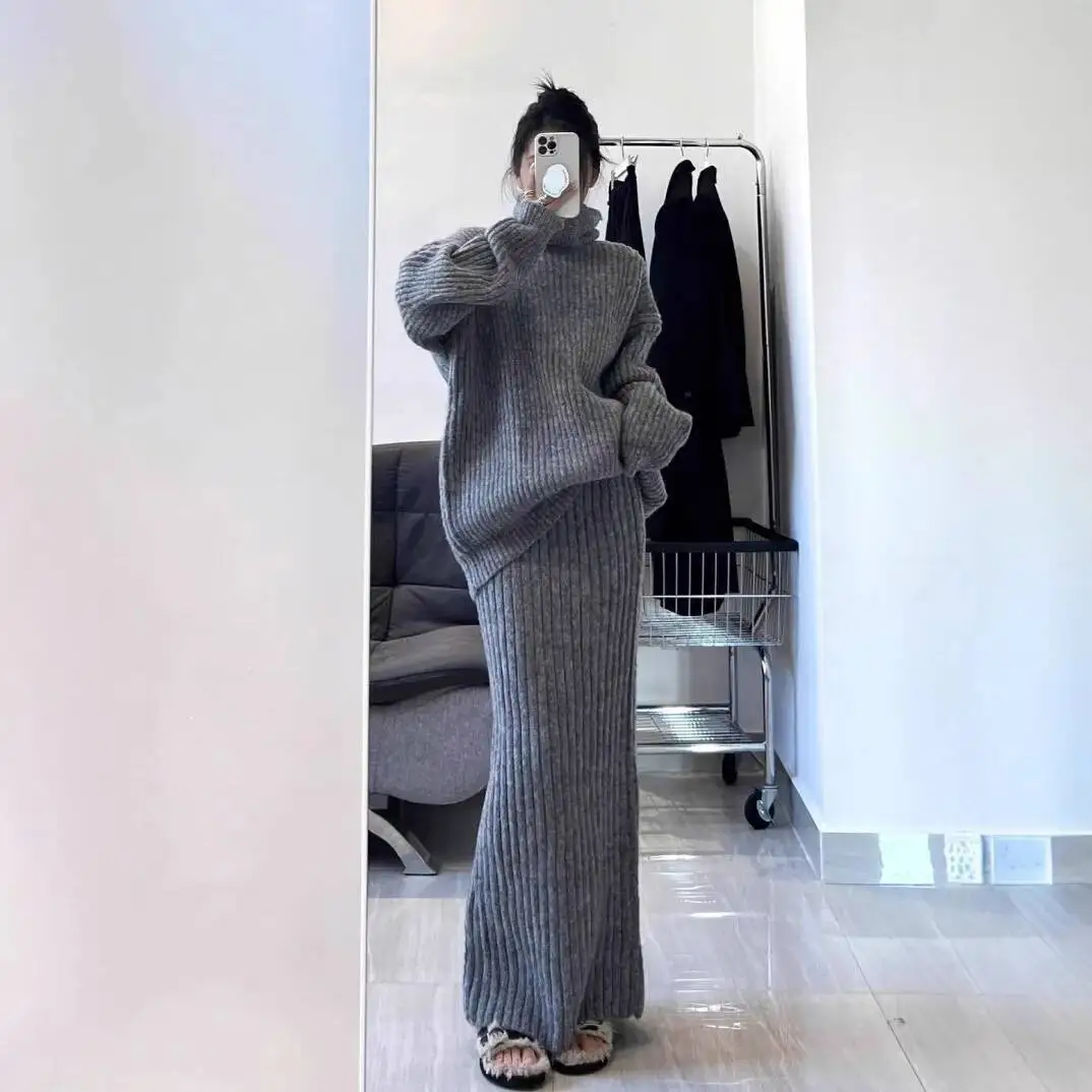 

Women Knitting Skirts Sweater Set 2025 Autumn New Women's Elegant Two Piece Set Retro High Neck Sweater Midi Skirt Luxury Outfit