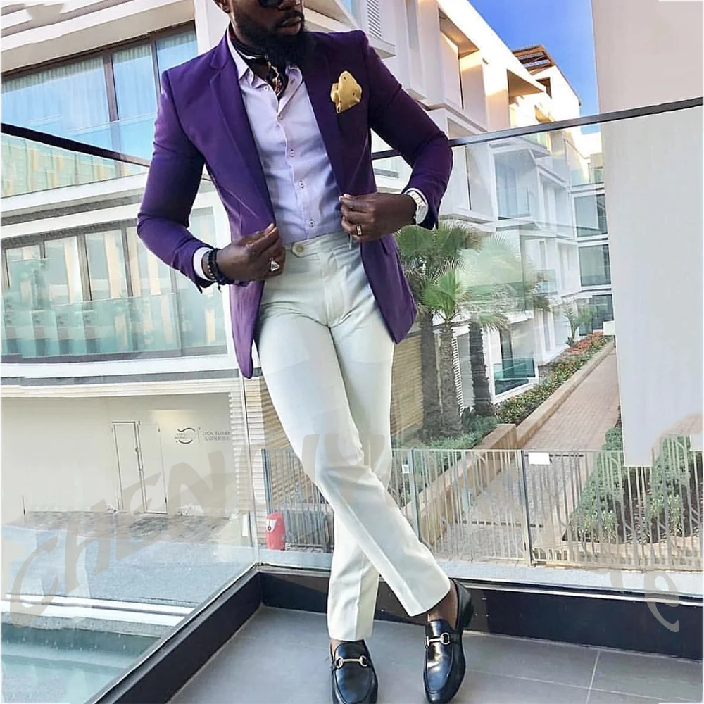 

Purple and White 2-Piece Men's Suit Slim Fit Notch Lapel Blazer Outfit High Quality Wedding Groom Prom Party Formal Wear