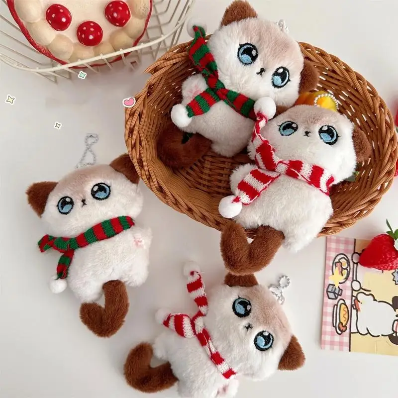 New Cute Cartoon Scarf Tail Kitten Plush Keychain Siamese Kitten Stuffed Doll Backpack Pendant Car Keychain Accessories Gifts