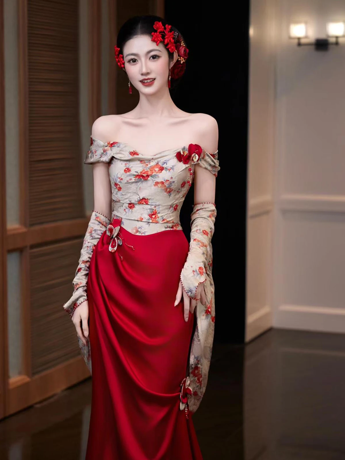 Ball Wear off-Shoulder Morning Gowns Women's New High-Grade Bride Engagement Formal Dress Wine Red Retro Toast Clothing