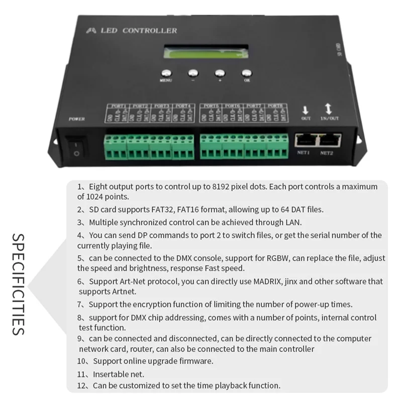

A39I-Wi-Fi светодиодный пиксельный контроллер Artnet для SPI поддерживает программное обеспечение Madrix LAN Synchrony SD-карта DMX512, консоль, вилка европейского стандарта