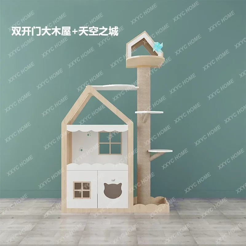 AAyjq Color Matching Big Wooden House Cat Climbing Frame Solid Wood Cat Nest Cat Scratching Column
