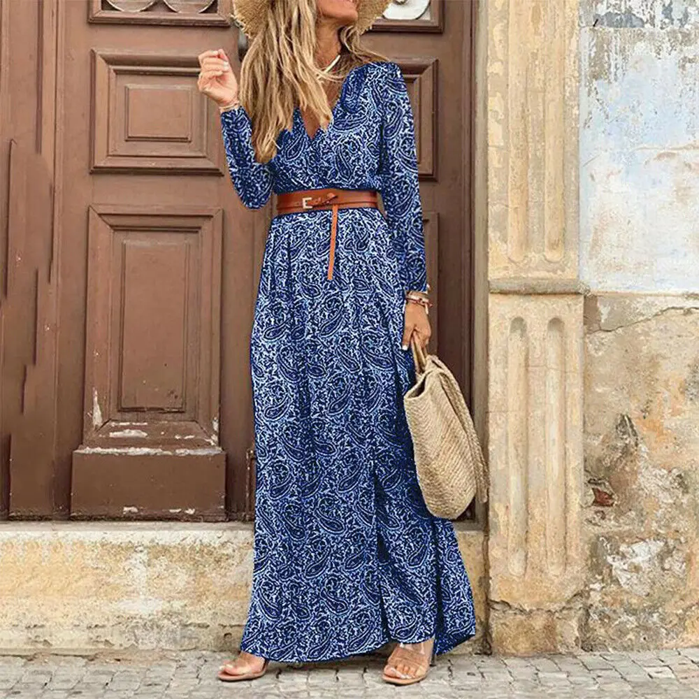 Boho Floral Print Maxi Dress V Neck Krótki rękaw Smocked Letnie sukienki z paskiem dla kobiet 2023