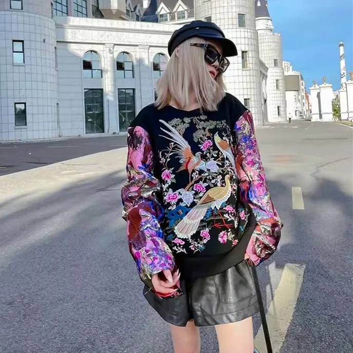 Women High Streetwear Luxury Flowers Embroidery Sweatshirt Tops Loose Patchwork Golden Sleeve Pullover Tops Hooded Blousa NZ168