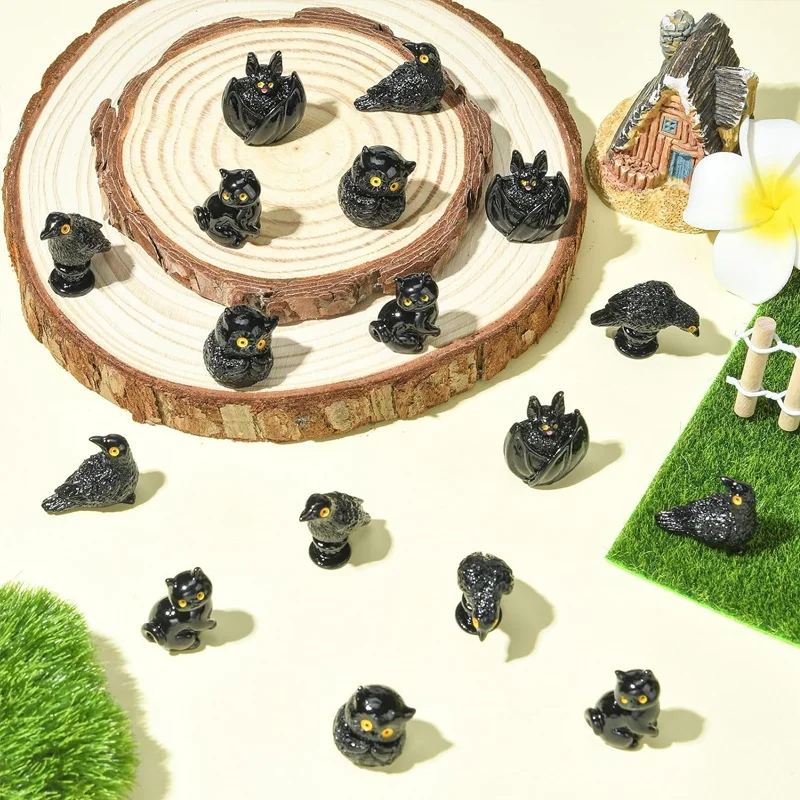 6/12pcs Mini 3D Animal Resin Figurines Black Cat Owl Crow Figures for Micro Landscape Spooky Home Party Table Decor, 6 Styles view 5