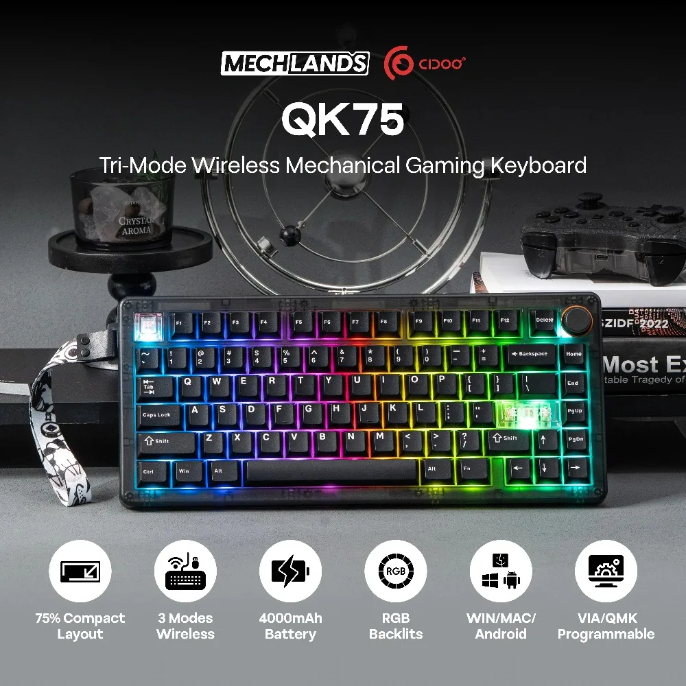 CIDOO QK75 Mechanical Keyboard Tri-Mode Wireless Support VIA Programmable RGB Gamer Keyboards Gasket Hot-Swap Gaming Accessories