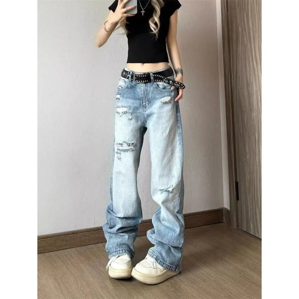 Calça Jeans Luaco Americana Retrô Rasgada Reta Fina de Verão para Dança Jazz e Trabalho, Ajuste Solto, Unissex, Casual, Perna...