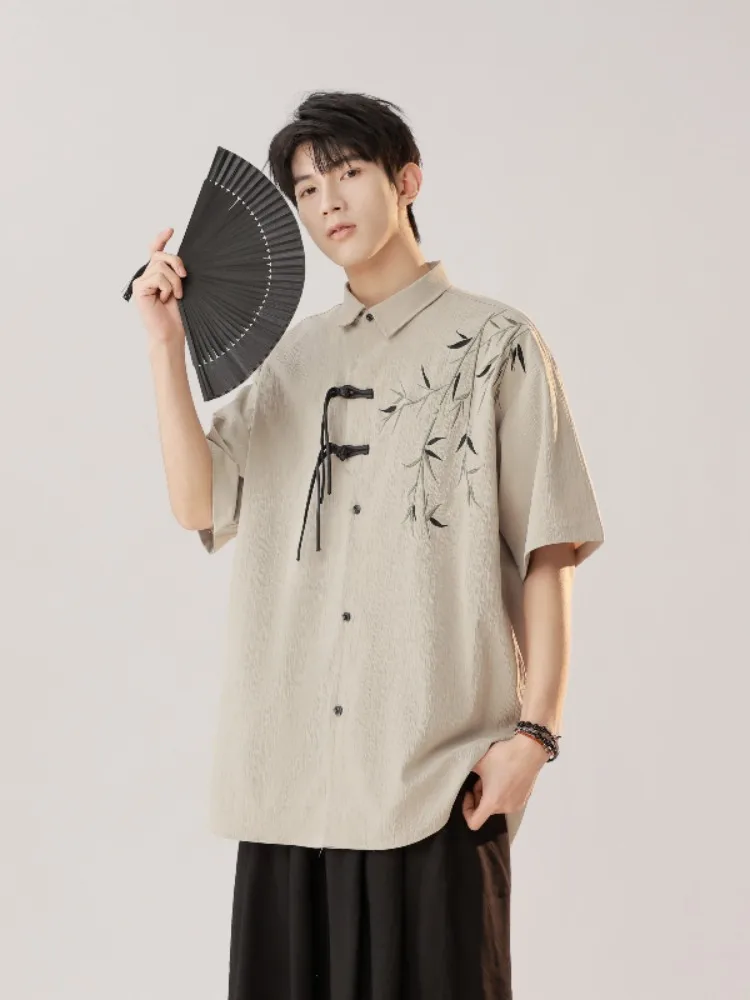 

New Chinese Sle Men's ort Sve irt Embroidered Bamboo Design Summer Retro Tang Hanfu Loose Fit Streetwear Ciwalk