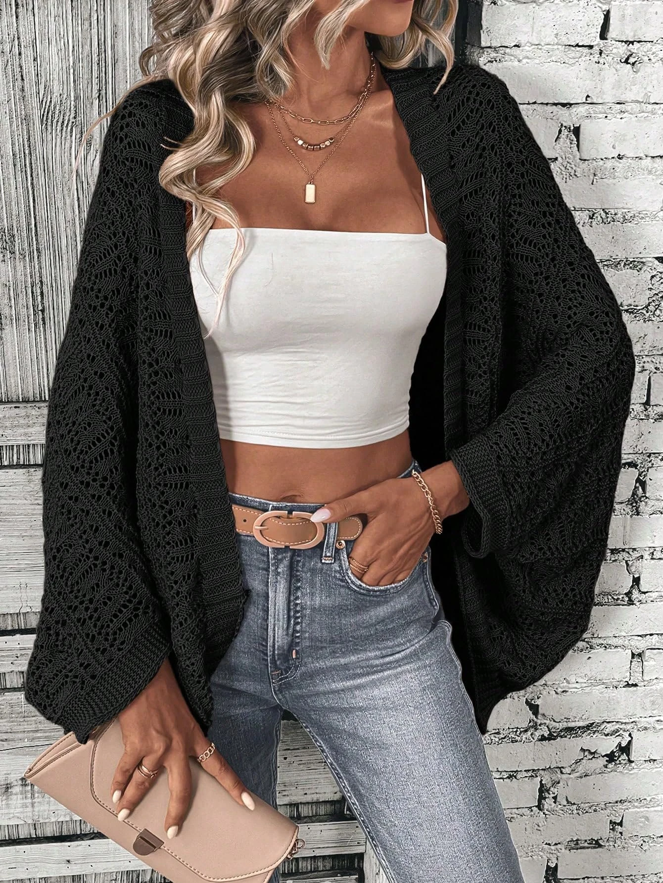 Polyester 100.00% solid color camisole knit cardigan elegant front open bat wing sleeve loose cardigan for women