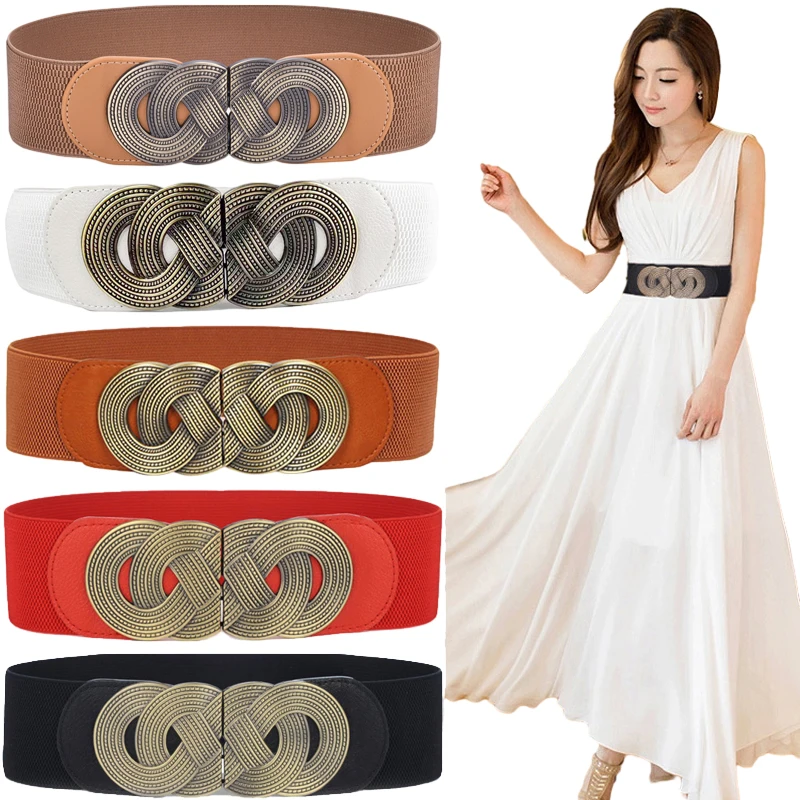 Women's Wide Elastic Waist Belt Retro Fashion Cinch Stretchy PU Leather Dress Waistband for Ladies