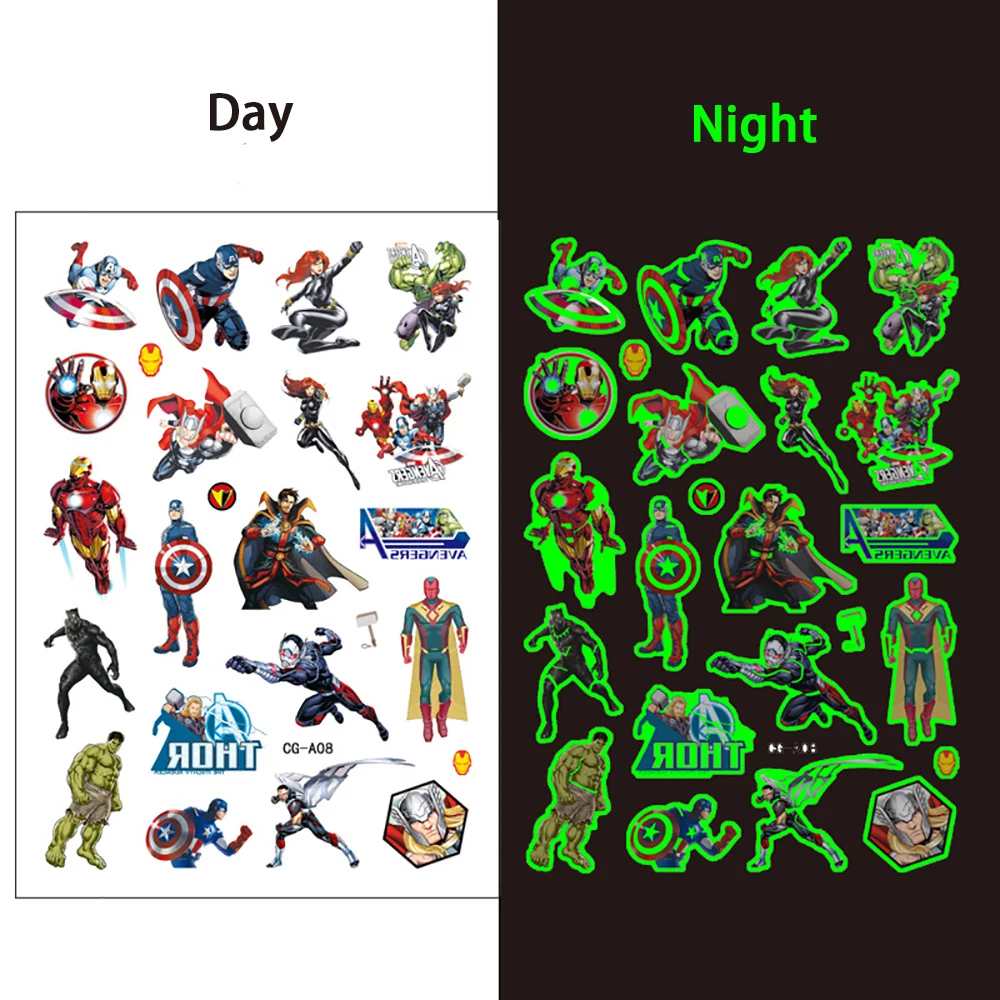 Disney Marvel Avengers Luminous Tattoo Stickers Children Temporary Fake Tattoos Arm Face Glowing Body Art Tattoo Kids Toys Gift