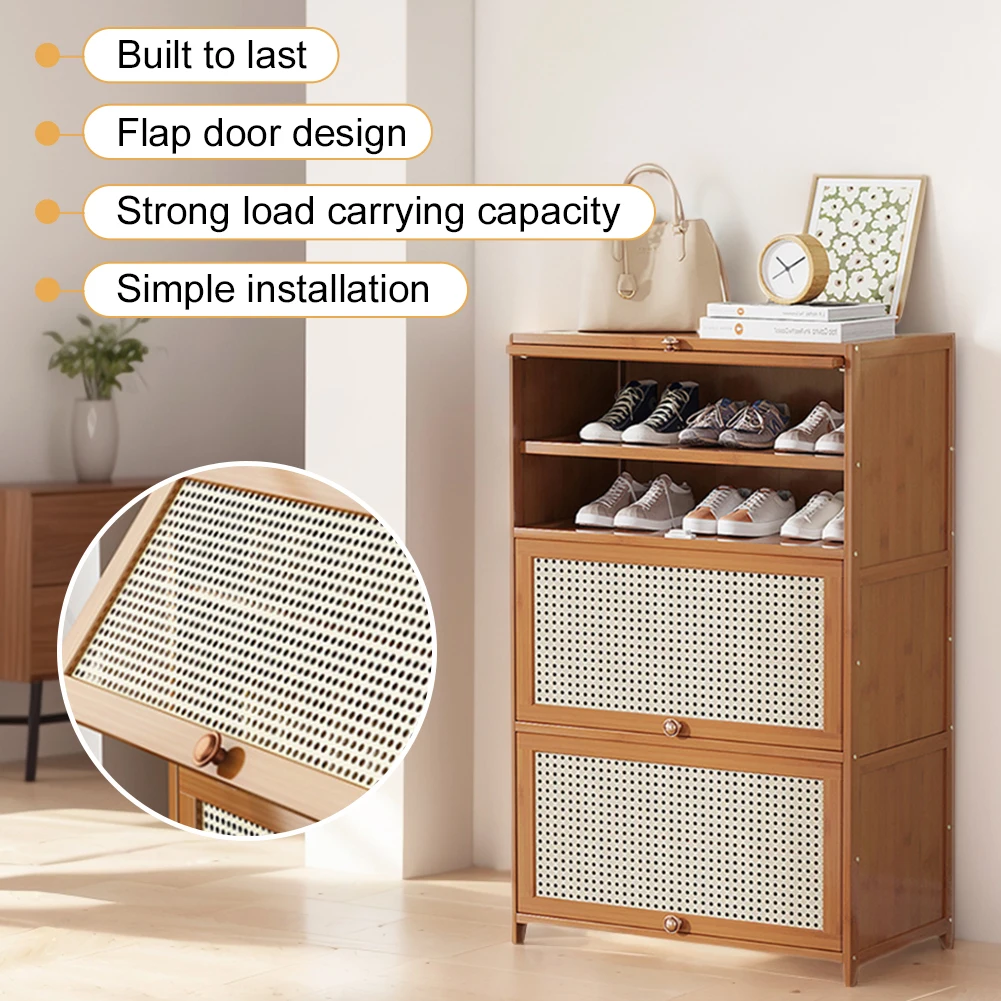 

Bamboo Shoe Cabinet with 2 Flip Drawers&Door Entryway Narrow Shoe Storage Cubby 7-Tier Free Standing Shoe Storage Shelf
