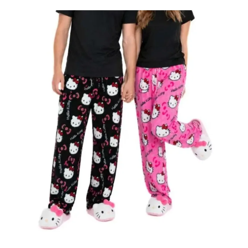 Hello Kitty Cartoon Print Flannel Pajama Pants Men Women Soft Fuzzy Warm Loungewear Wide Leg Sleep Trousers Couple Gift