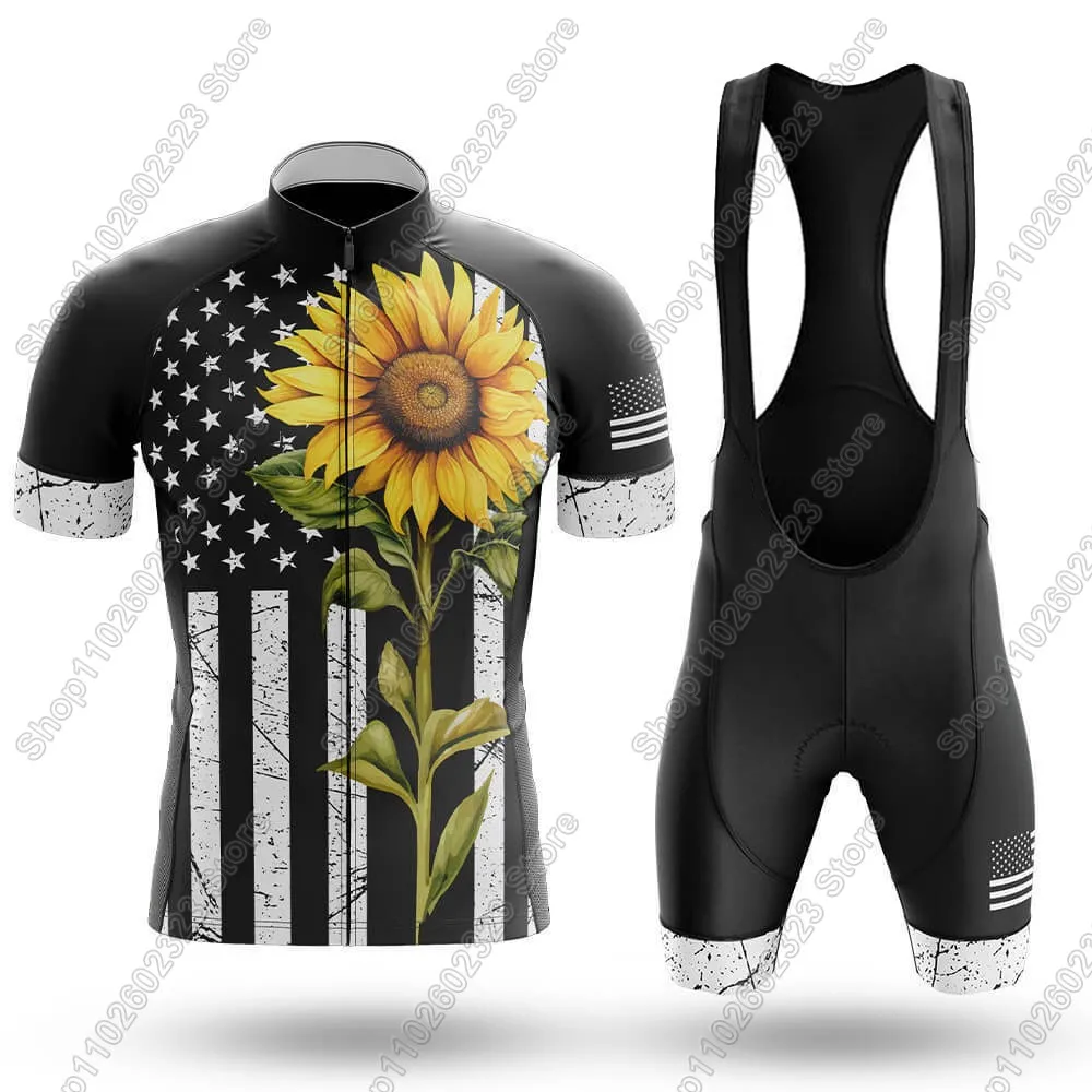

Велосипедный трикотаж с подсолнухом и флагом, комплект 2025, летняя одежда для велосипеда, мужские рубашки для шоссейного велосипеда, костюм, велосипедные шорты-комбинезоны MTB Ropa Maillot