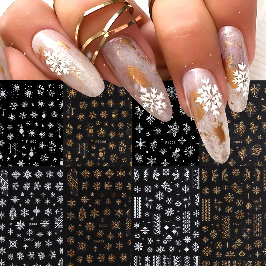 Snowflake Nail Stickers & Decals - Glittery White & Golden, Self-Adhesive 3D Christmas And Winter Fantasy Design,Shimmery Finish