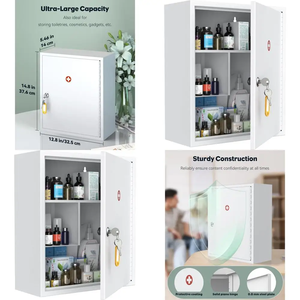 

Настенный шкафчик для медикаментов с замком - большой объем, надежное стальное хранилище для предметов первой необходимости, белый цвет