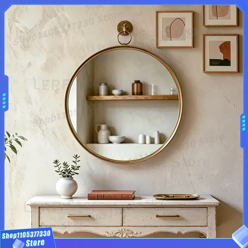 Retro Round Wrought Iron Wall Mirror Decorative Makeup Hanging Glass for Living Room Bedroom Entrance Hotel Soft Home
