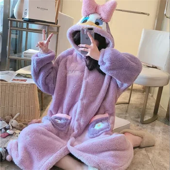 Autumn Coral Fleece Robe For Women Winter Couple Hooded Cartoon Pajamas Outerwear Fleece-lined Warm Home Clothes
