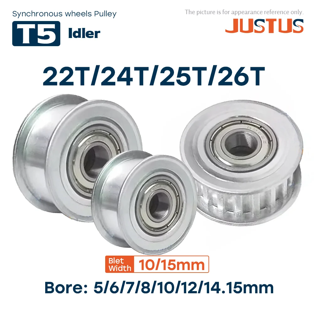 T5 synchronous wheel idler 22T/24T/25T/26T tensioner adjustment guide wheel with bearing width 10/15mm