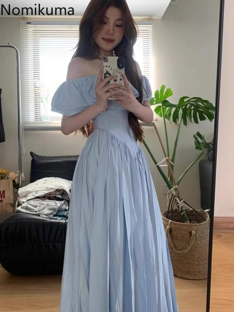 

2025 Vestidos De Mujer Maxi Dress Women's Clothing Slash Neck High Waist A-line Robe Femme Solid Color Ruffles Summer Dresses