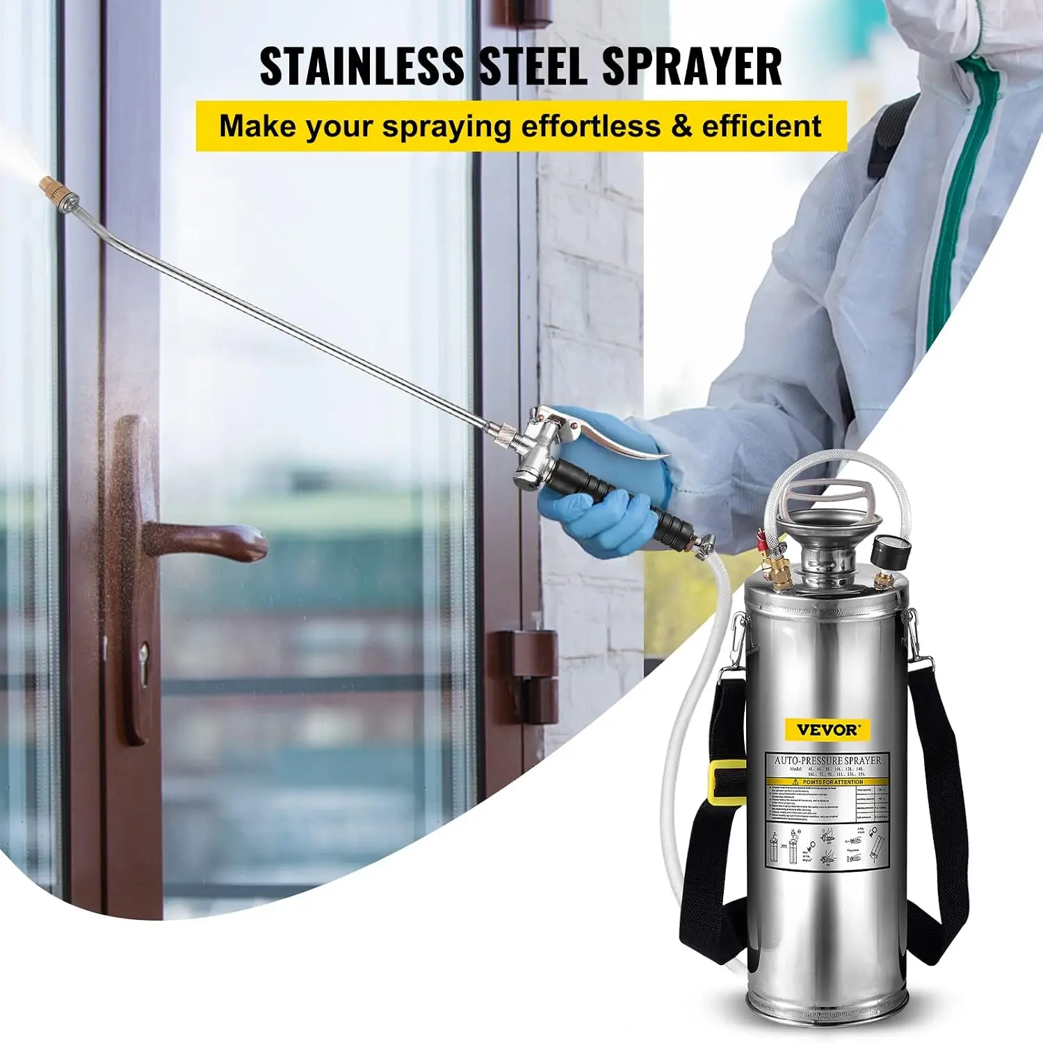 3 Gallon Stainless Steel Sprayer 20 Inch Wand 3Ft Reinforced Hose Hand Pump Sprayer Pressure Gauge Safety Valve Adjustable Nozzl