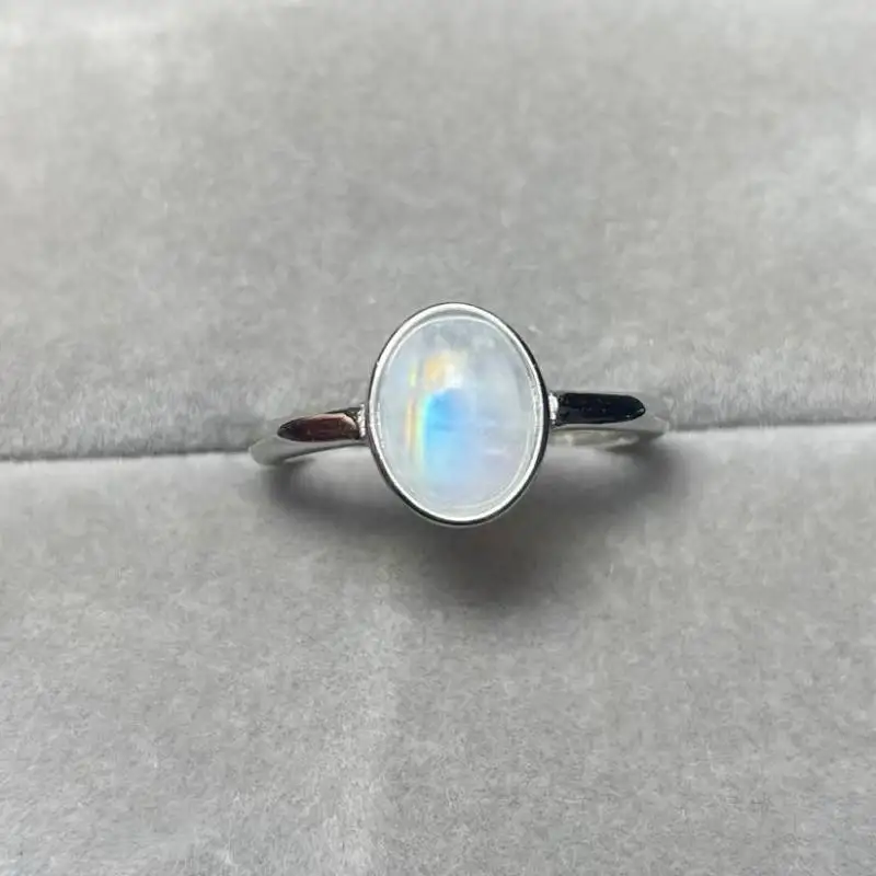 AKAC 925sterling silver approx7*9mm natural India rainbow moonstone  adjustable ring