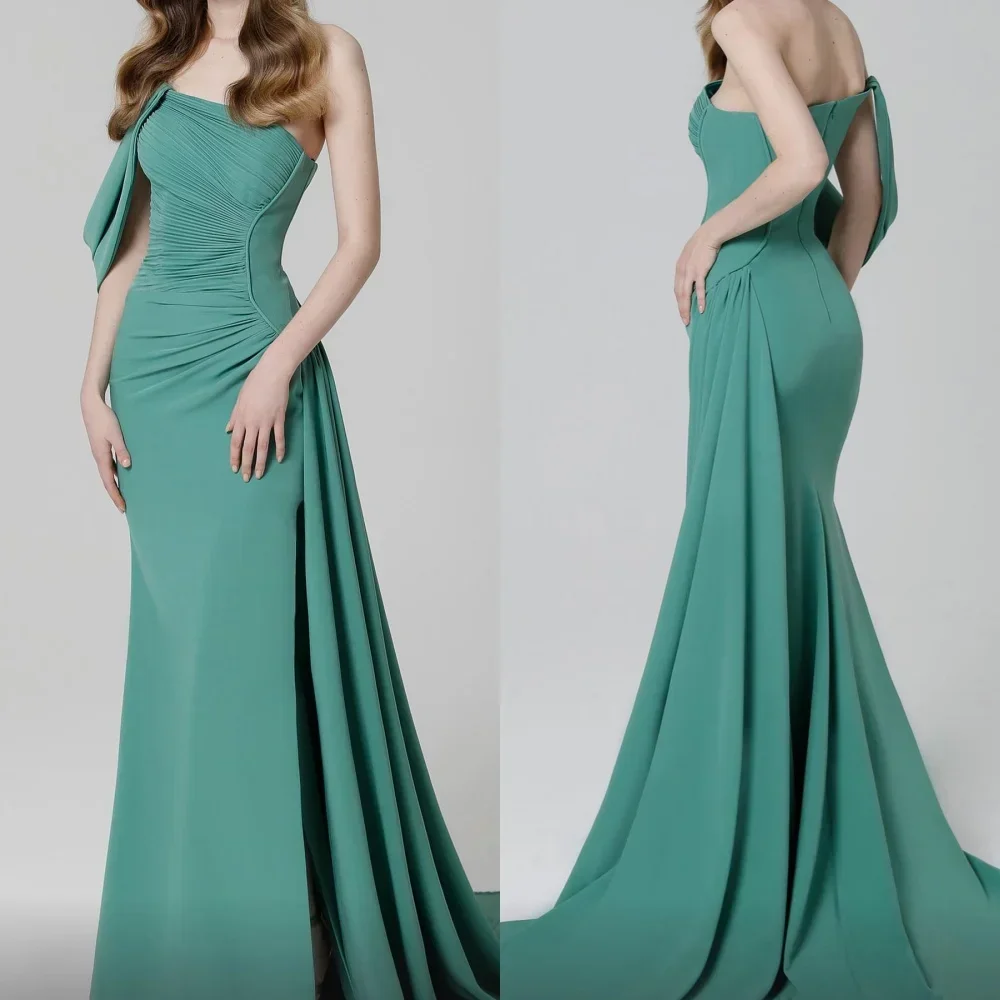 

Customized Prom Dress Simple Off-the-shoulder Mermaid Floor Length Evening Party Dresses Draped Satin Gown for Women