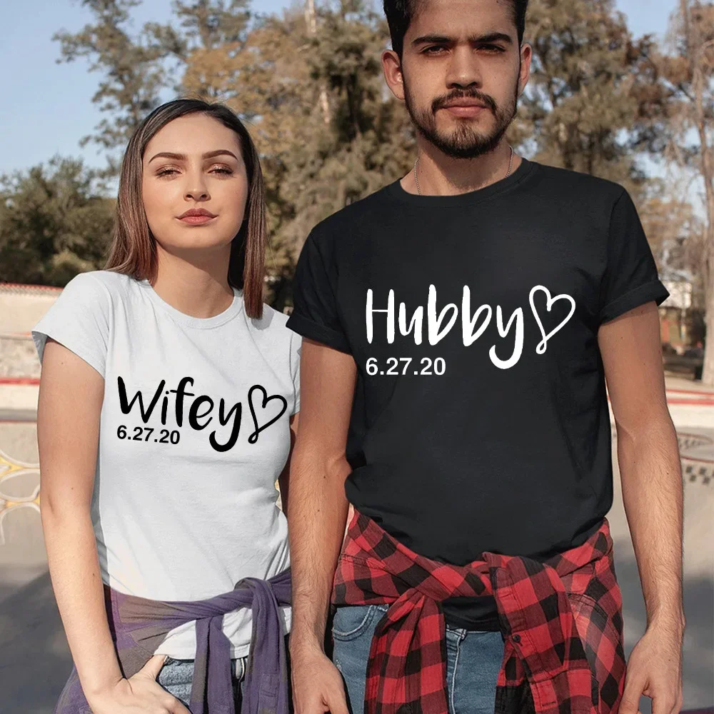 Wifey and Hubby Heart Print Couple T Shirt Short Sleeve O Neck Loose King Queen Tshirt Fashion Lovers Tee Shirt Tops Clothes