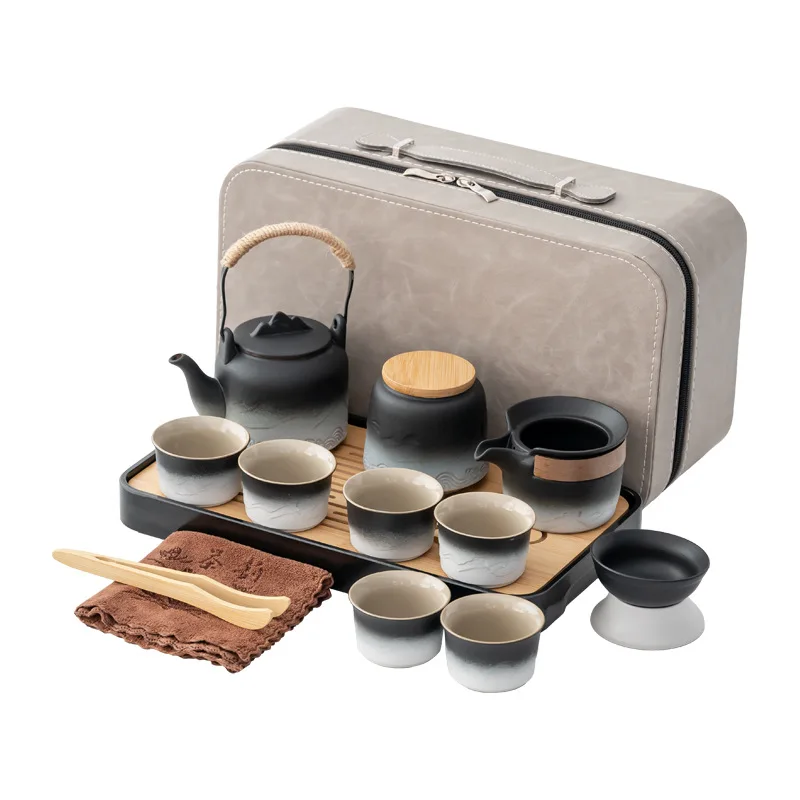 

Black pottery travel tea set household portable outdoor simple tea tray set business kung fu tea set