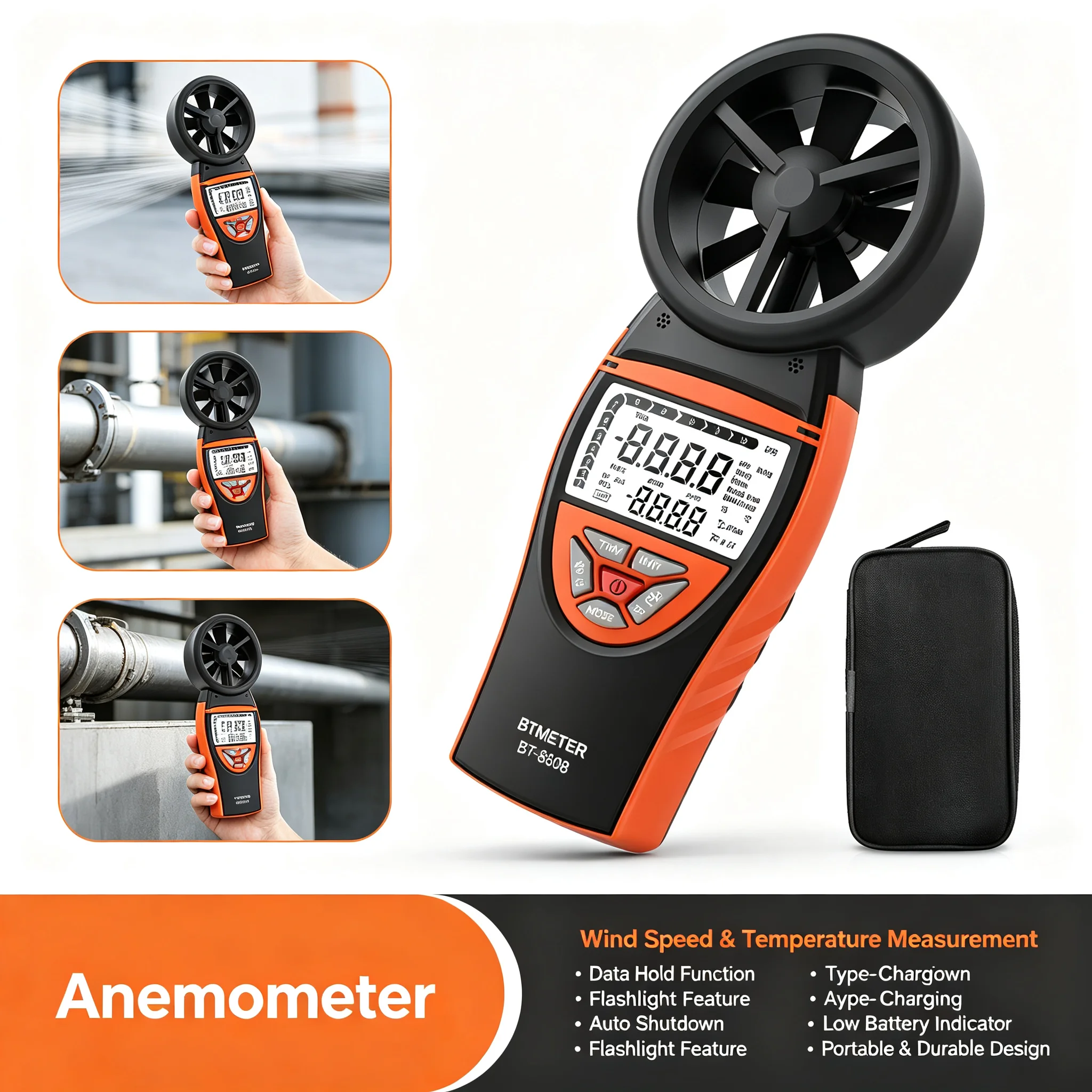 HOLDPEAK Digital Anemometer Wind Speed Meter Temp Humidity Tester LCD Rechargeable with Flashlight for HVAC Drone Flying Sailing