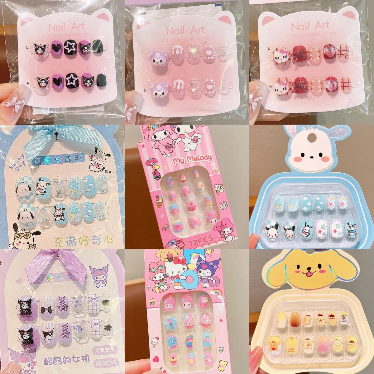 Kuromi Children Nail Stickers Anime Hello Kitty My Melody Cinnamoroll Pochacco Kid Girls Removable Wearable Party Nail Art Patch