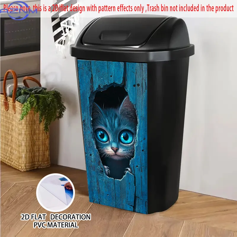 2D/FLAT, Self-Adhesive Dustbin Stickers, 14.57×32.28Inch. Featuring a Cute Blue Kitten Peeking Out from a Hole Pattern. Suitab