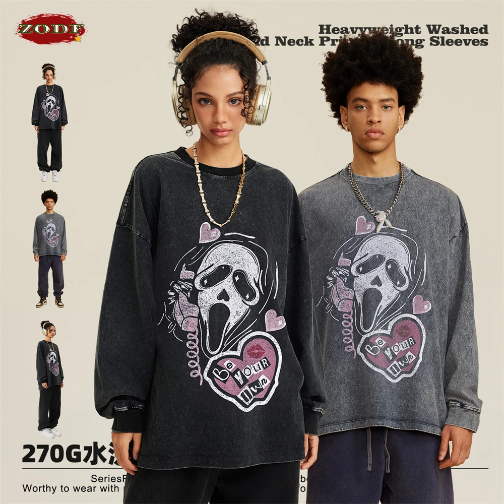 

ZODF Trendy 2023 Autumn 270gsm Washed Cotton T-Shirt For Men Unisex Couple Printing Long Sleeve Tee Shirts Brand Tops HY0706