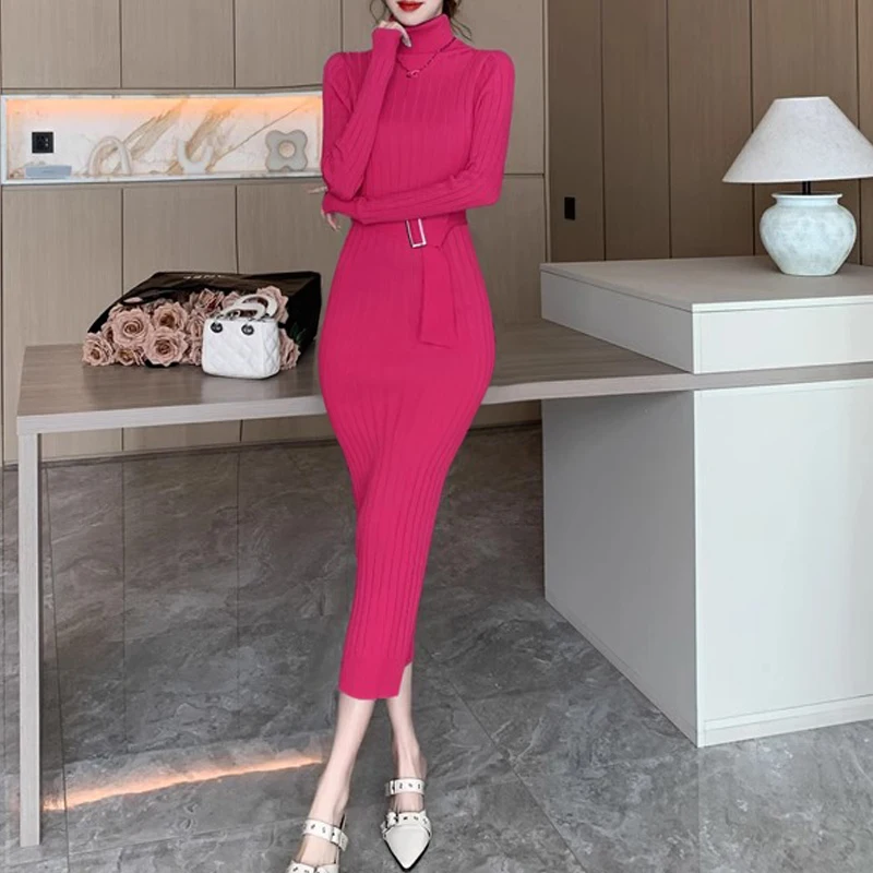 YuooMuoo Chic Fashion Sexy Package Hips Maxi Dress 2024 Jesienno-zimowa sukienka swetrowa z golfem i paskiem Lady Outfits Vestidos — zdjęcie 3