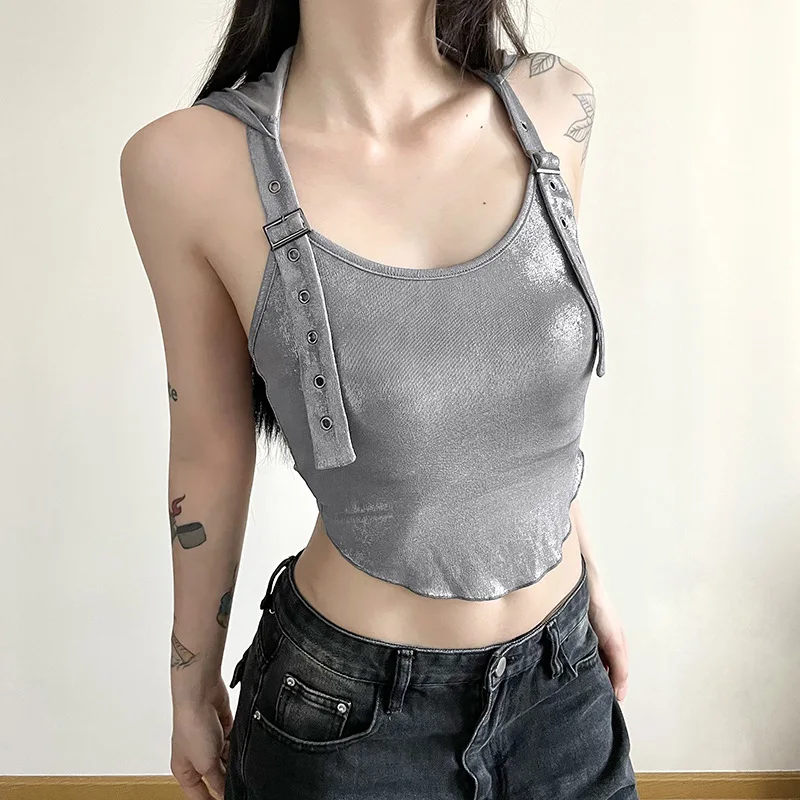 

Silver Retro Matte Cyberpunk Fashionable High Street Sexy Mature Confident Cool Simple Women's Summer Thin Hooded Vest