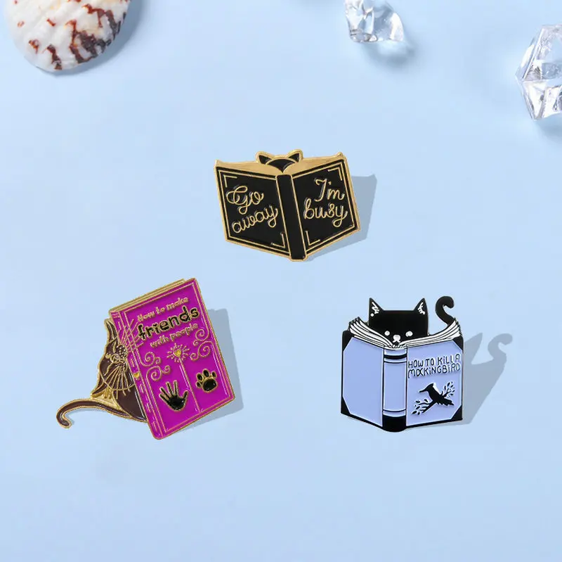 Cat Book Enamel Pin Reading Make friends with people Brooches Bag Clothes Lapel Pin Animal Badge Cartoon Kitten Jewelry Gift