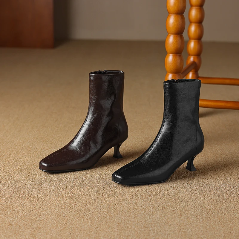 

Women’s Genuine Leather Square Toe Slim Fit Kitten Heel Ankle Boots Fashion Commute Boots