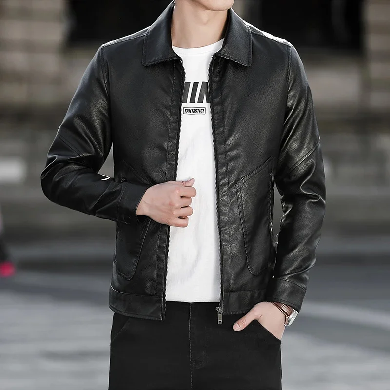 Mens Fashion Trend Simple Personality Men's Autumn Spring PU Leather Jackets Winter Slim Windbreaker Coats