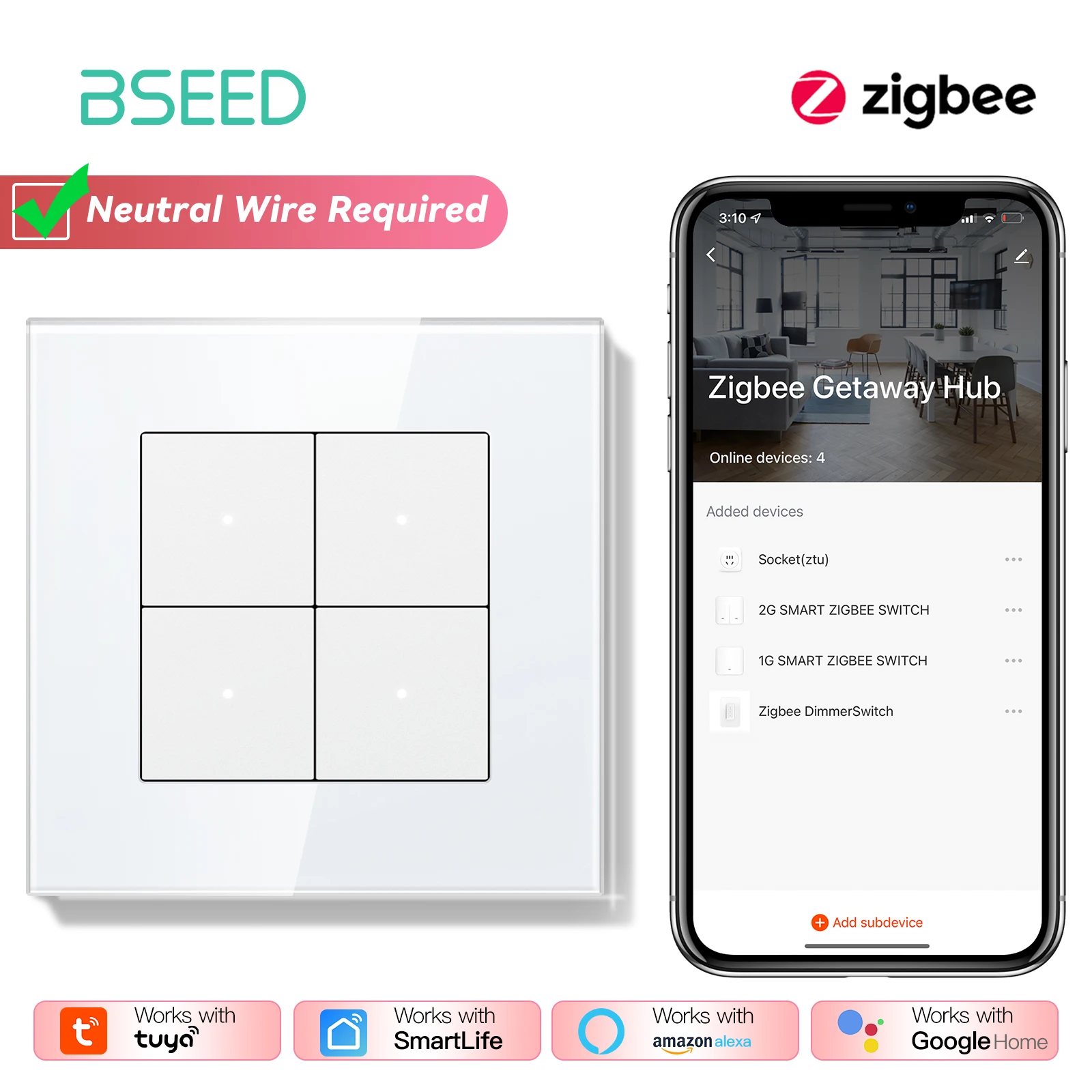BSEED Zigbee Lichtschakelaar 1/2/3Gang 2Way Smart Click Knopschakelaar Glazen Paneel Witte LED Indicator Tuya Smart Leven Alexa Controle
