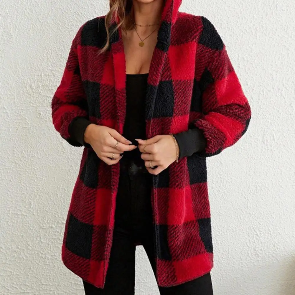 Women Outerwear Cozy Hooded Plaid Print Overcoat for Women Thick Knitted Fall Winter Coat with Elastic Cuff Mid Length Loose