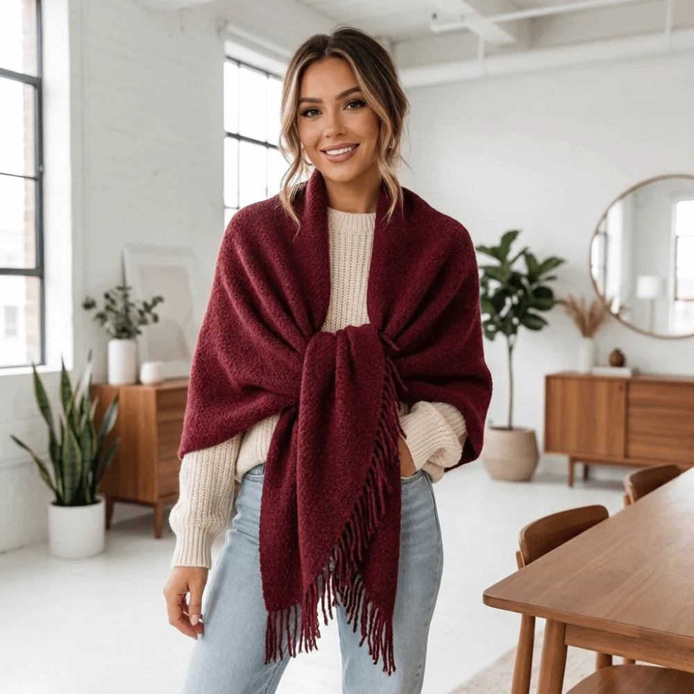 Wird nicht pillen, Wollmischung, dreieckiger Schal mit Fransen, warmer, gestrickter Schal, dekorativer, mehrfarbiger Wickelschal für Damen – Detail 5