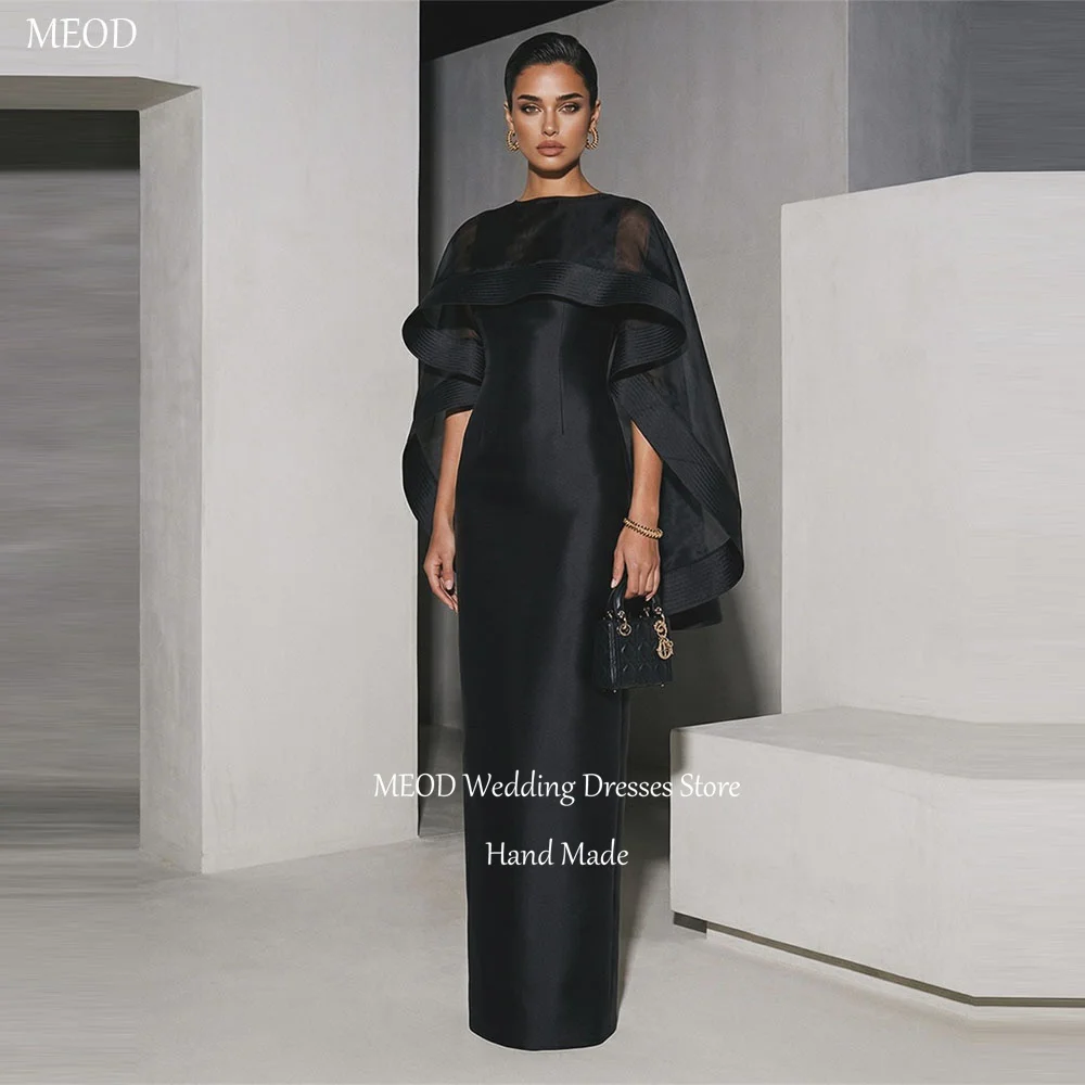 MEOD Black Satin Elegant Evening Dresses O Neck With Organza Shawl Prom Gowns Floor Length Formal Robes De Soirée Customized
