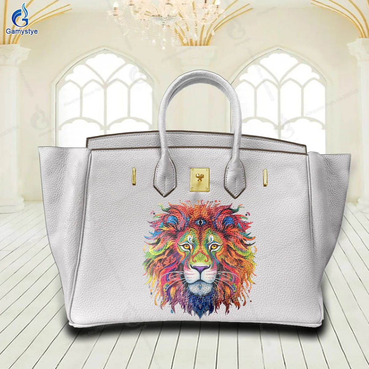 

Personalizar Bolso Art Printed Bags Colorful lion head Top Layer Cowhide Leather Original Brand Women Bag Shopping Bag Handbags