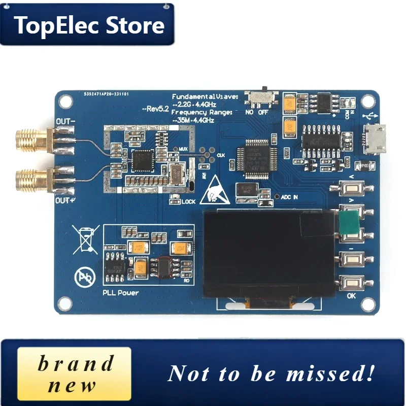 TopElec ADF4351 35MHz-4400MHz RF Signal Generator Sweep Frequency Generator PLL With OLED Display Battery USB Cable