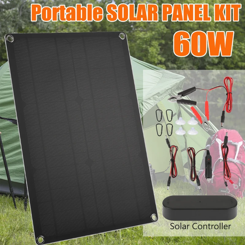 60W Solar Panel Kit USB+DC Dual Output Monocrystalline Solar Cell With PWM Controller Power Bank Charger for Outdoor Camping