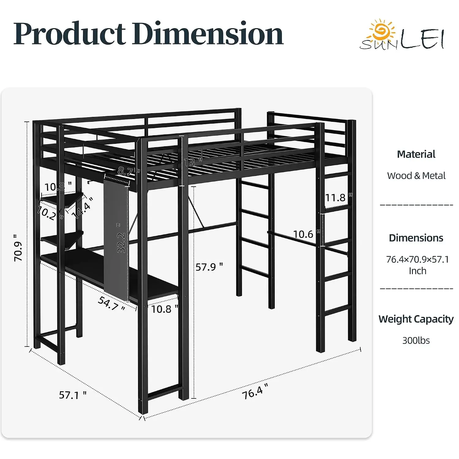 Loft Bed with Desk, Metal Loft Bed with 2 Built-in Ladders, Noise Free for Small Bedroom, Space-Saving Bed Frame, Customized