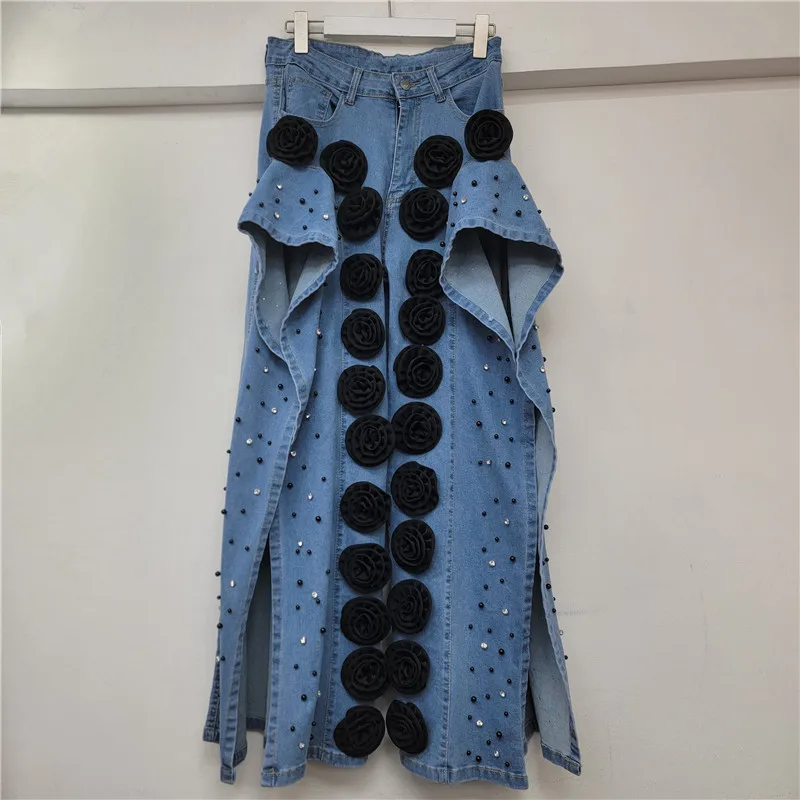 

Женские джинсы с разрезом, стильный дизайн для девочек, свободные широкие брюки ручной работы с трехмерным цветком, длинные брюки