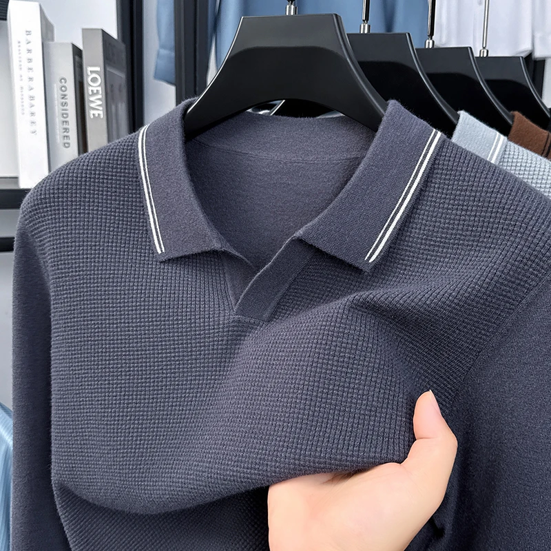 Men's Autumn Long-sleeved Sweater Jacquard Seagull Collar Solid Color  Knitted Shirt Casual Base Layer Fashionable Men Clothing