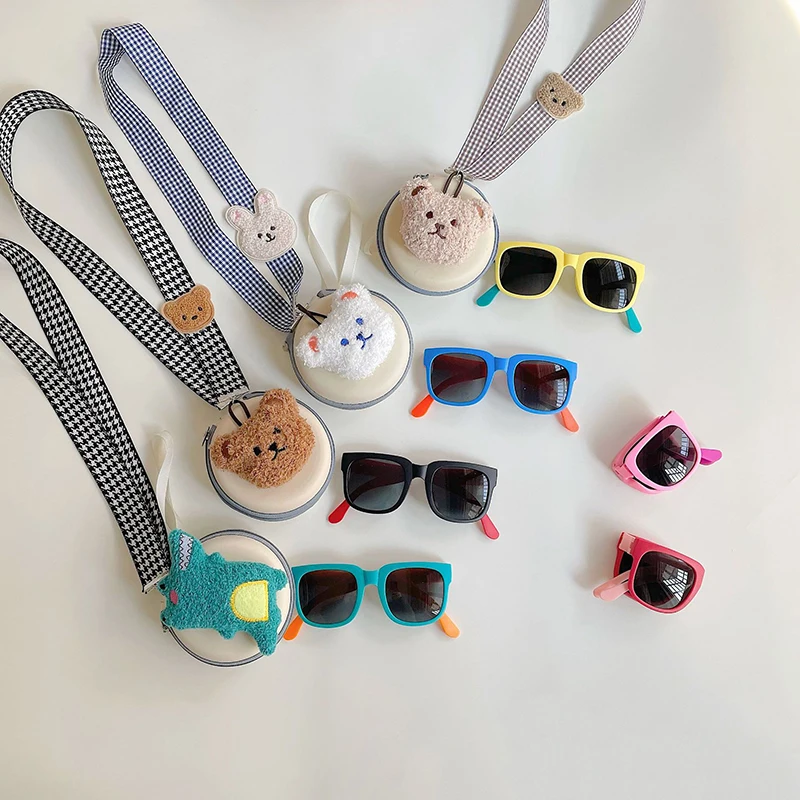 Colorful Folding Kids Sunglasses Boys Girls Square Eyeglasses Outdoor Sun Glasses Children Eyewear UV400 Portable Halter Box Bag